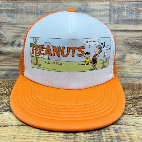 Vintage Peanuts Charlie Brown Mens Trucker Hat Orange Snapback Comic Strip Cap - Picture 2 of 7